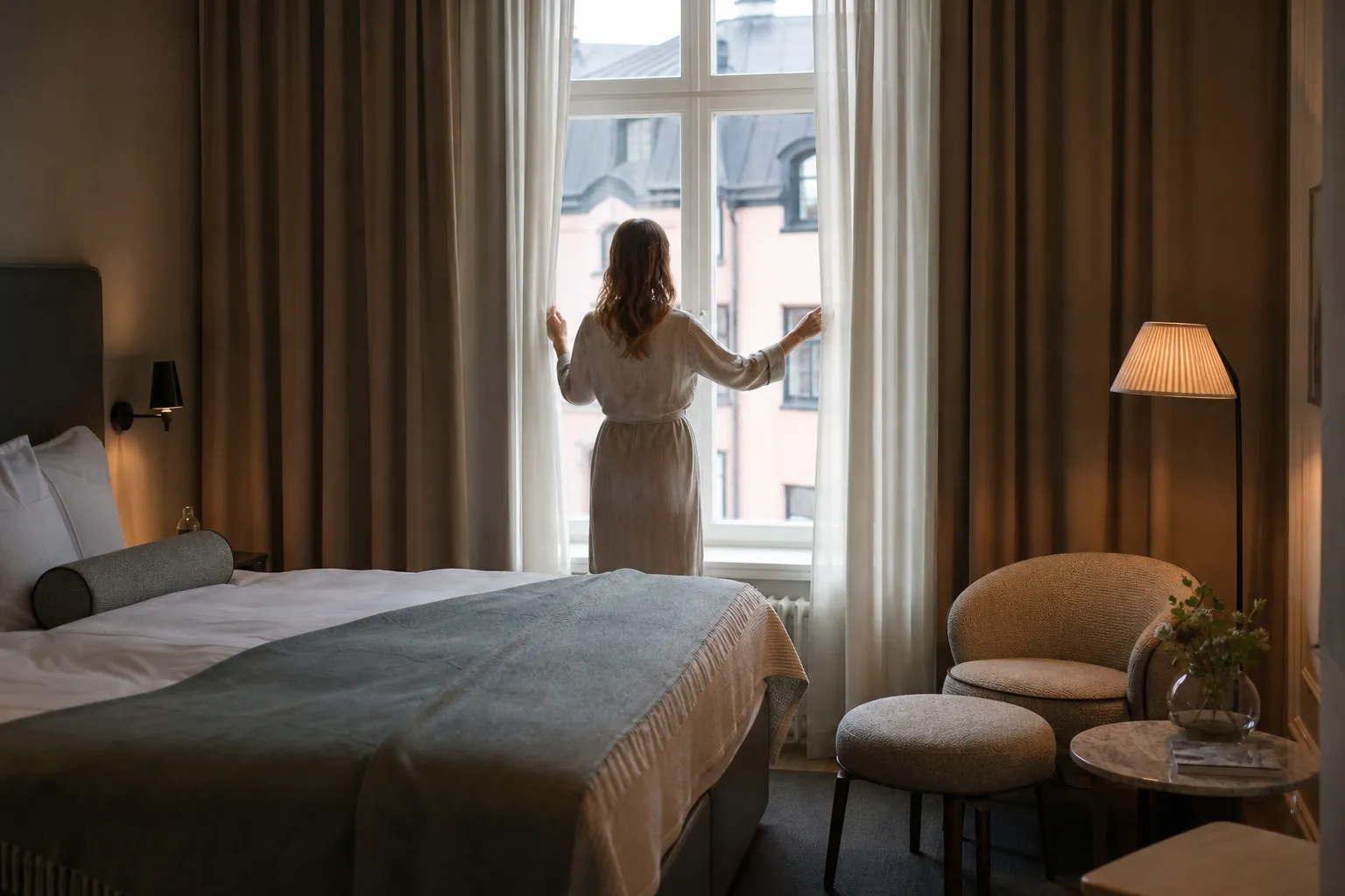 Litet inrett hotellrum på ett boutiquehotell i centrala Stockholm