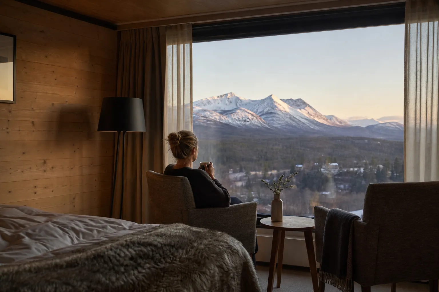 Fjällhotell i solnedgång med utsikt över snötäckta fjälltoppar