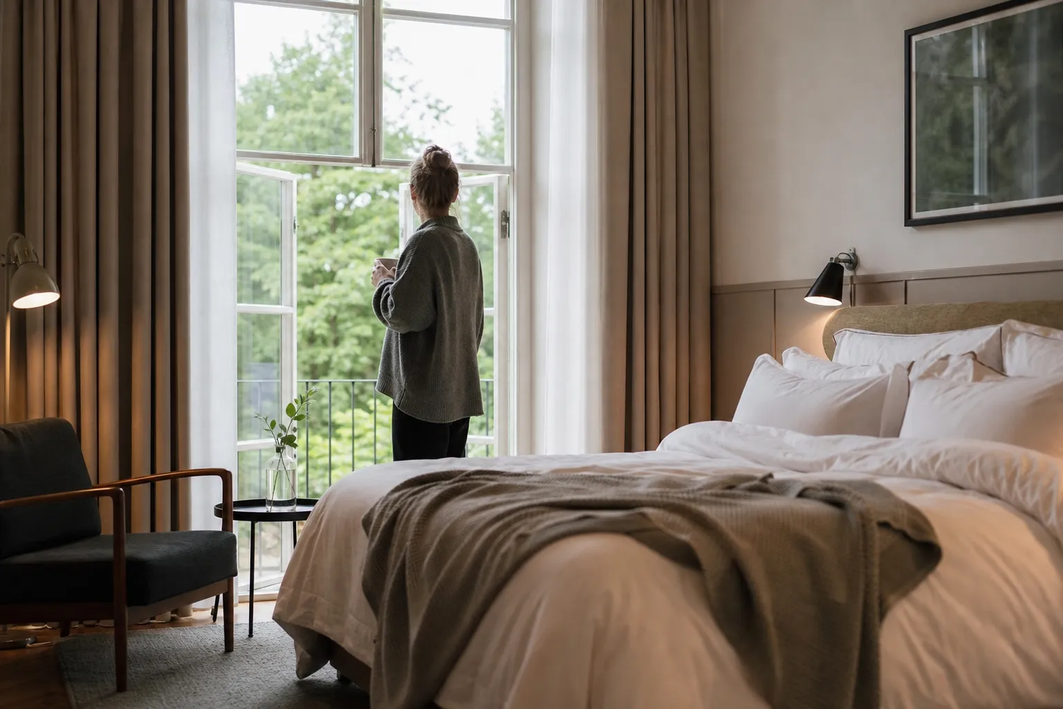 Ovanligt hotellrum i trähus bland trädkronor