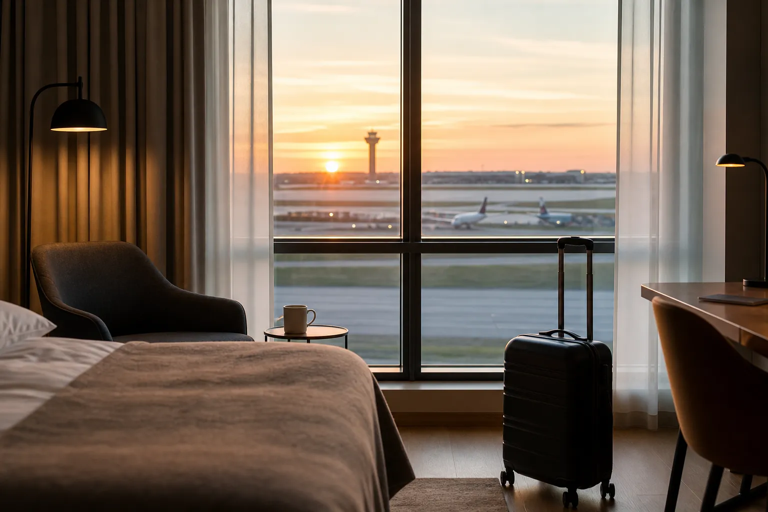 Hotellbyggnad vid Stockholm Arlanda flygplats med terminalbyggnader i bakgrunden