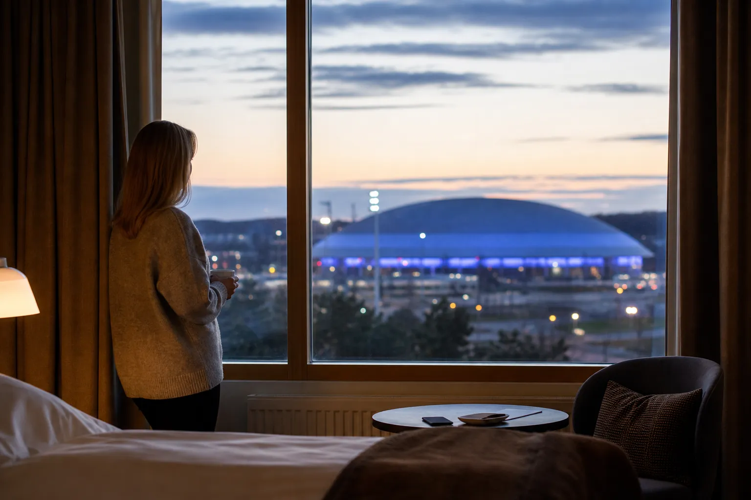 Hotellbyggnad i Arenastaden i Solna med Strawberry Arena synlig i bakgrunden
