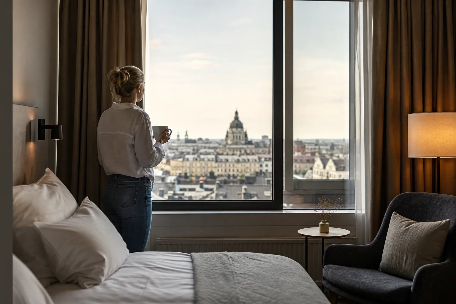 Hotellfasad mitt i centrala Stockholm med utsikt över vattnet