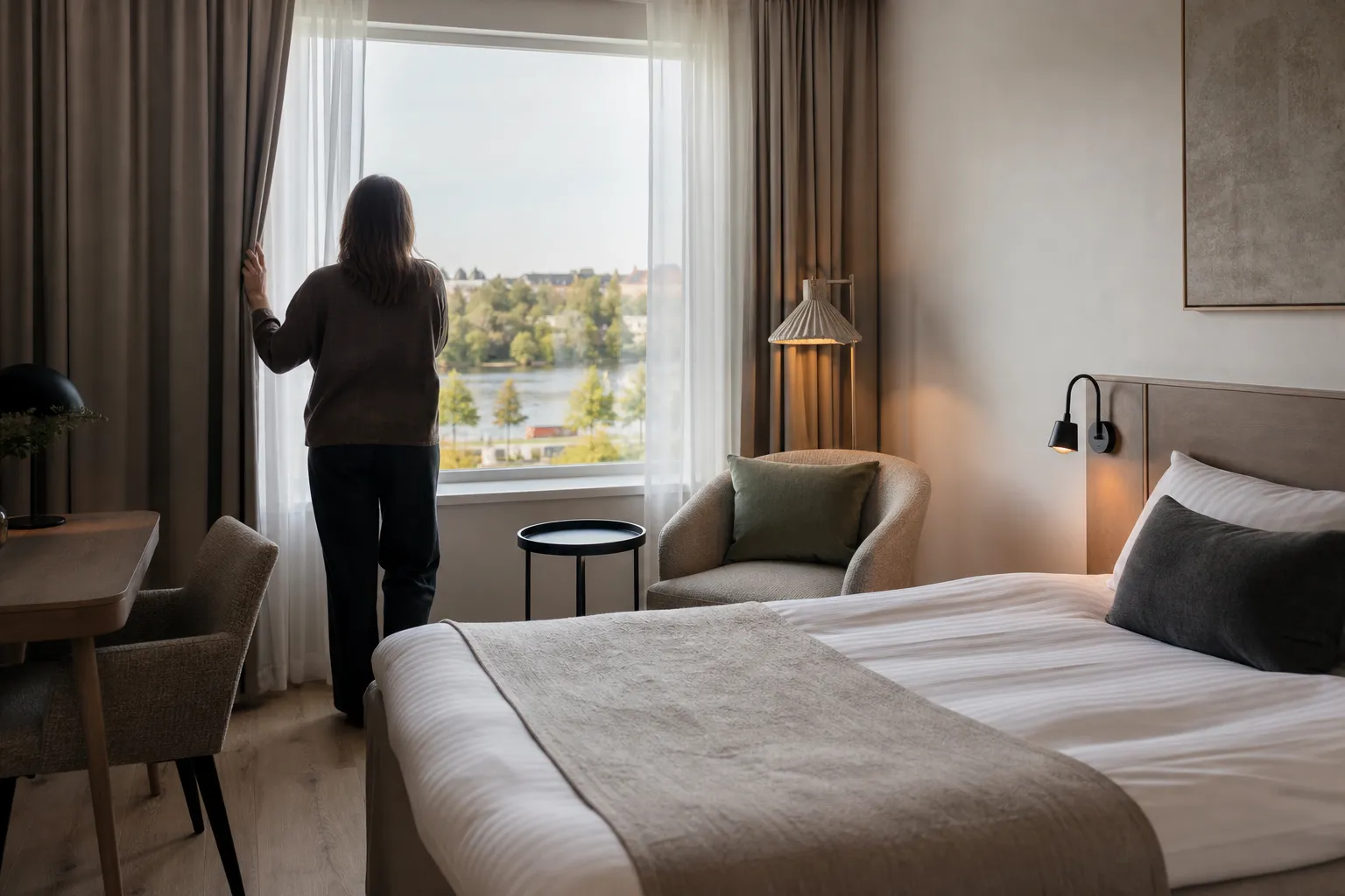 Hotellfasad i centrala Umeå nära älven en kväll