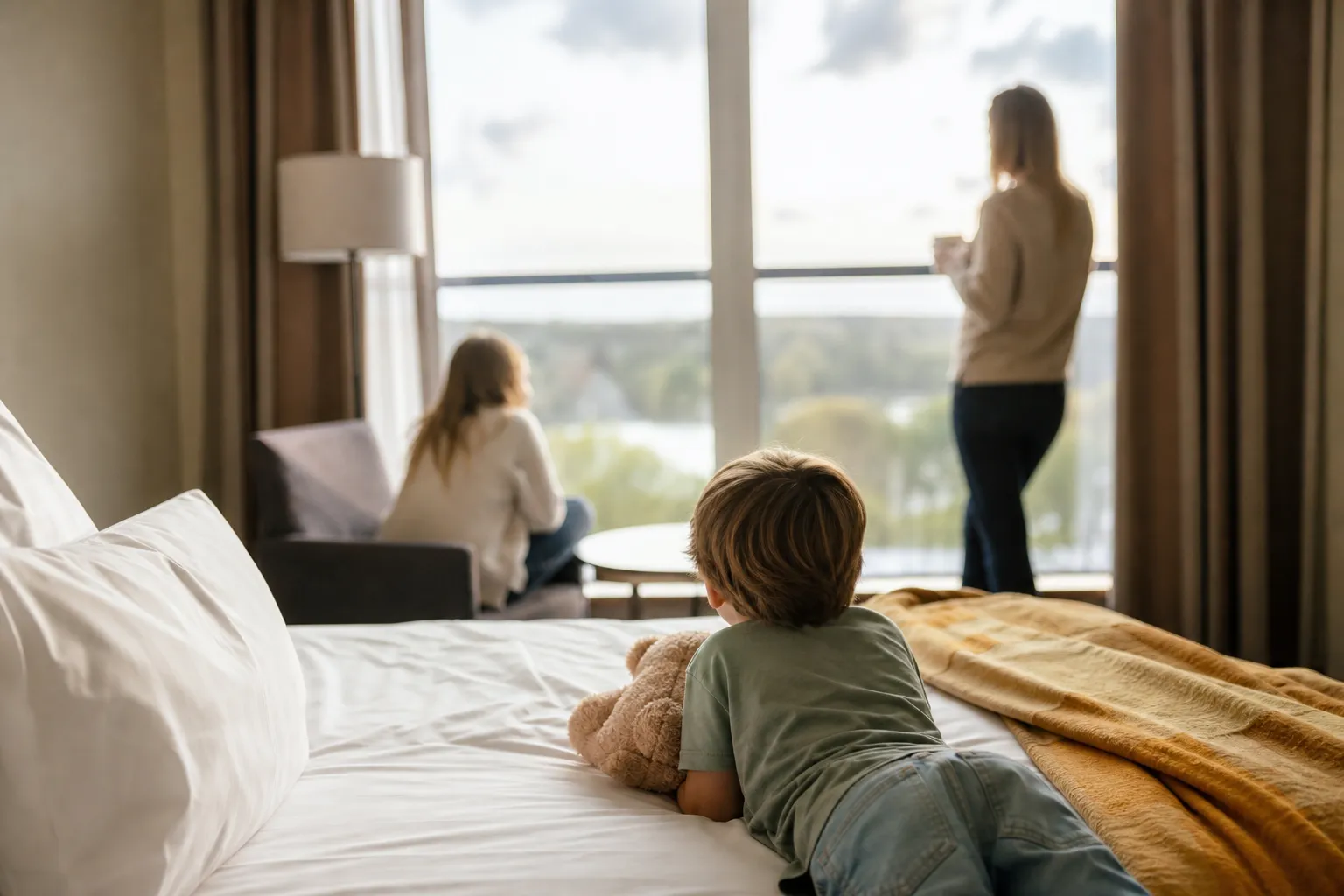 Familj checkar in på ett barnvänligt hotell