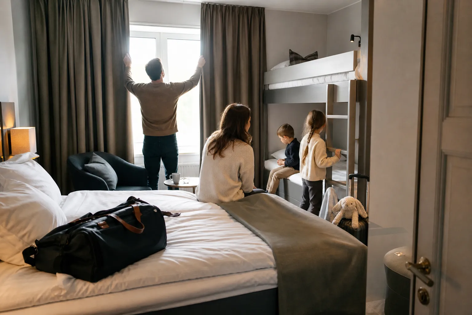 Familjerum på hotell med två sängar och plats för hela familjen