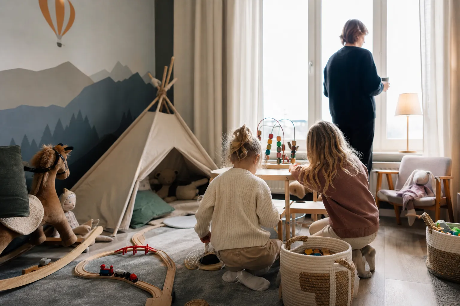 Barn leker i ett inrett lekrum på hotell