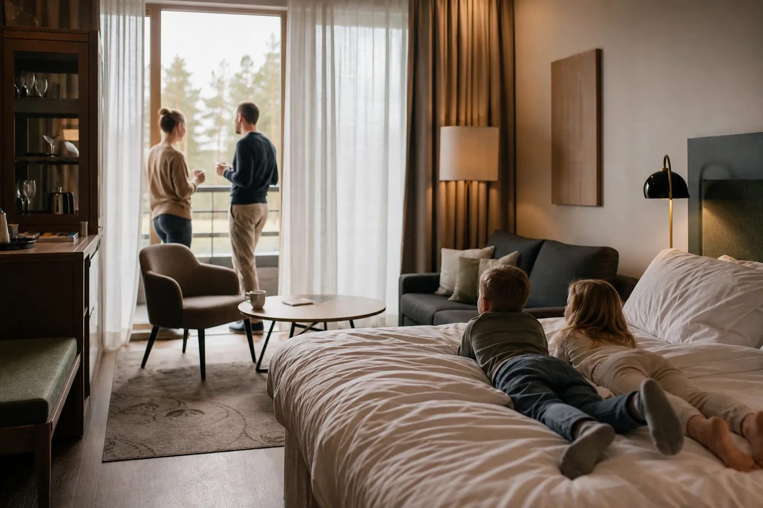 Familj med barn i hotellobby med resväskor