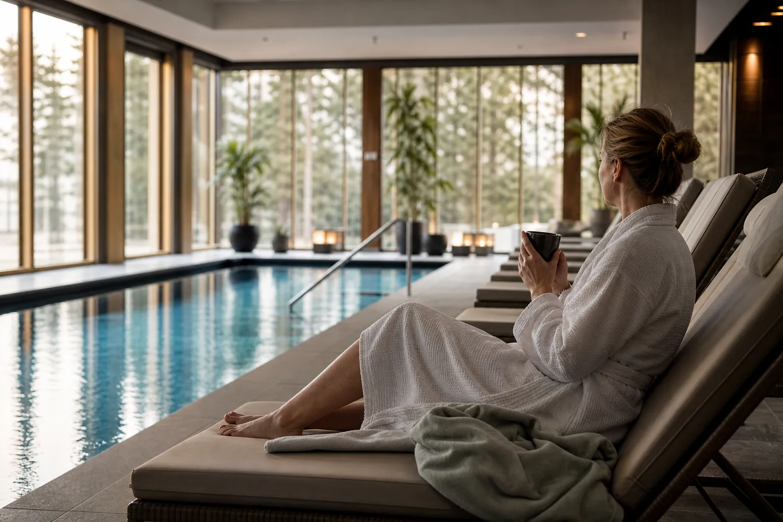Inomhuspool på hotell med stora fönster och simbana