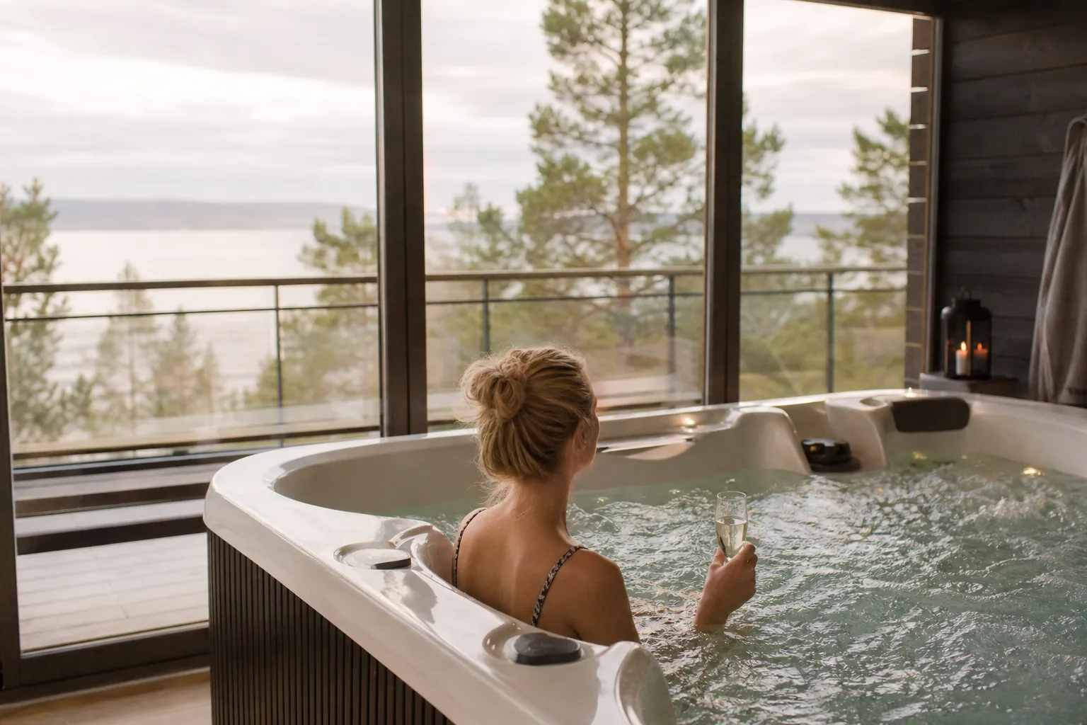 Bubbelpool i ett hotells spaavdelning med ånga över vattnet