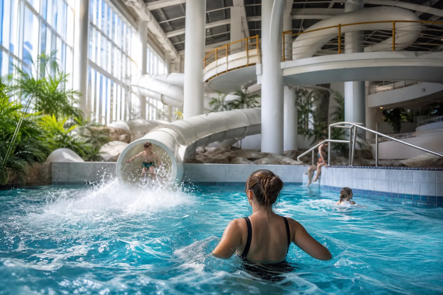Barn som leker vid en hotellpool med rutschbana