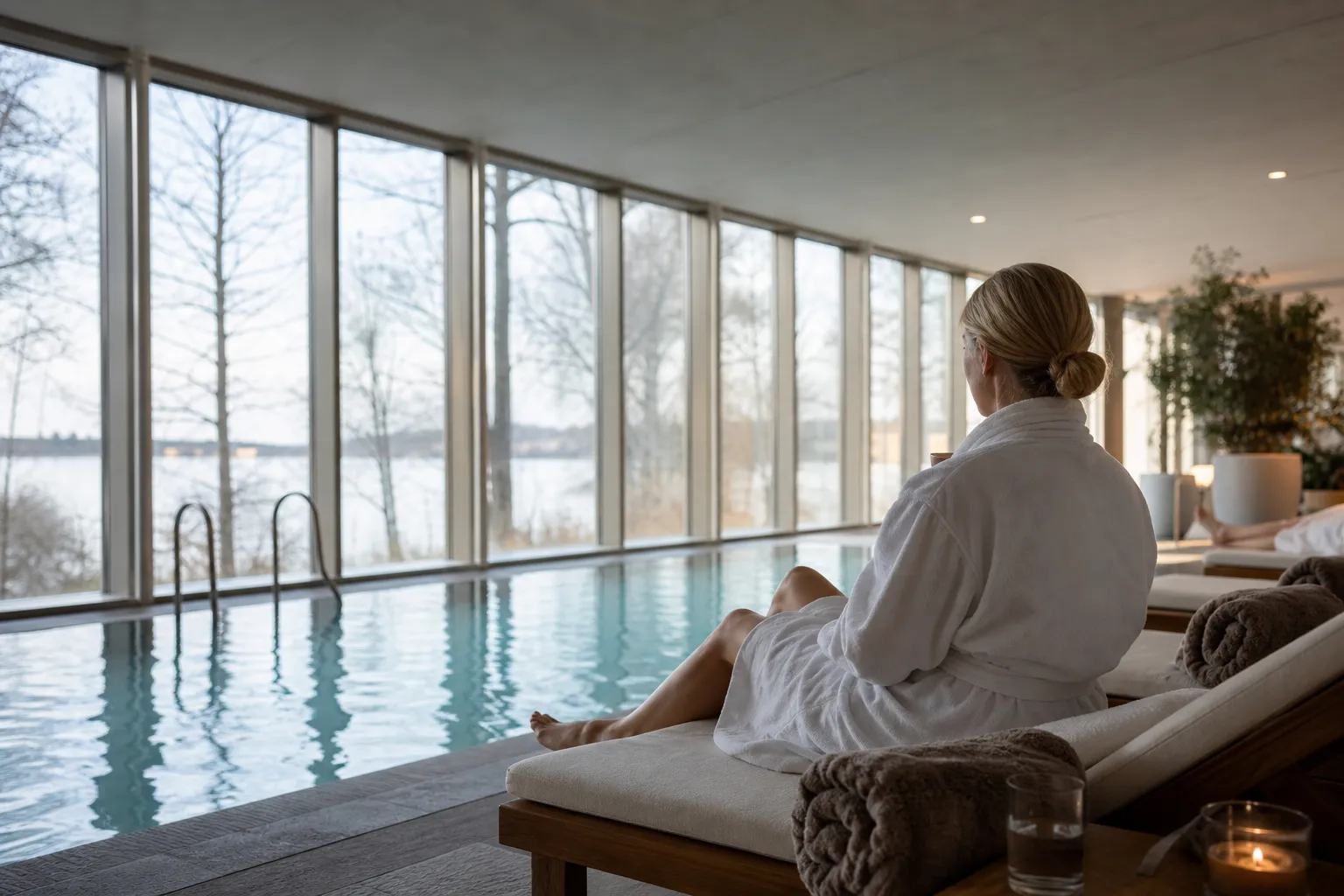 Hotellpool med solstolar och blått vatten en solig dag