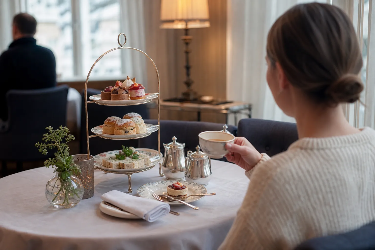 Uppdukat bord för afternoon tea med tebakverk, marmelad och tekanna