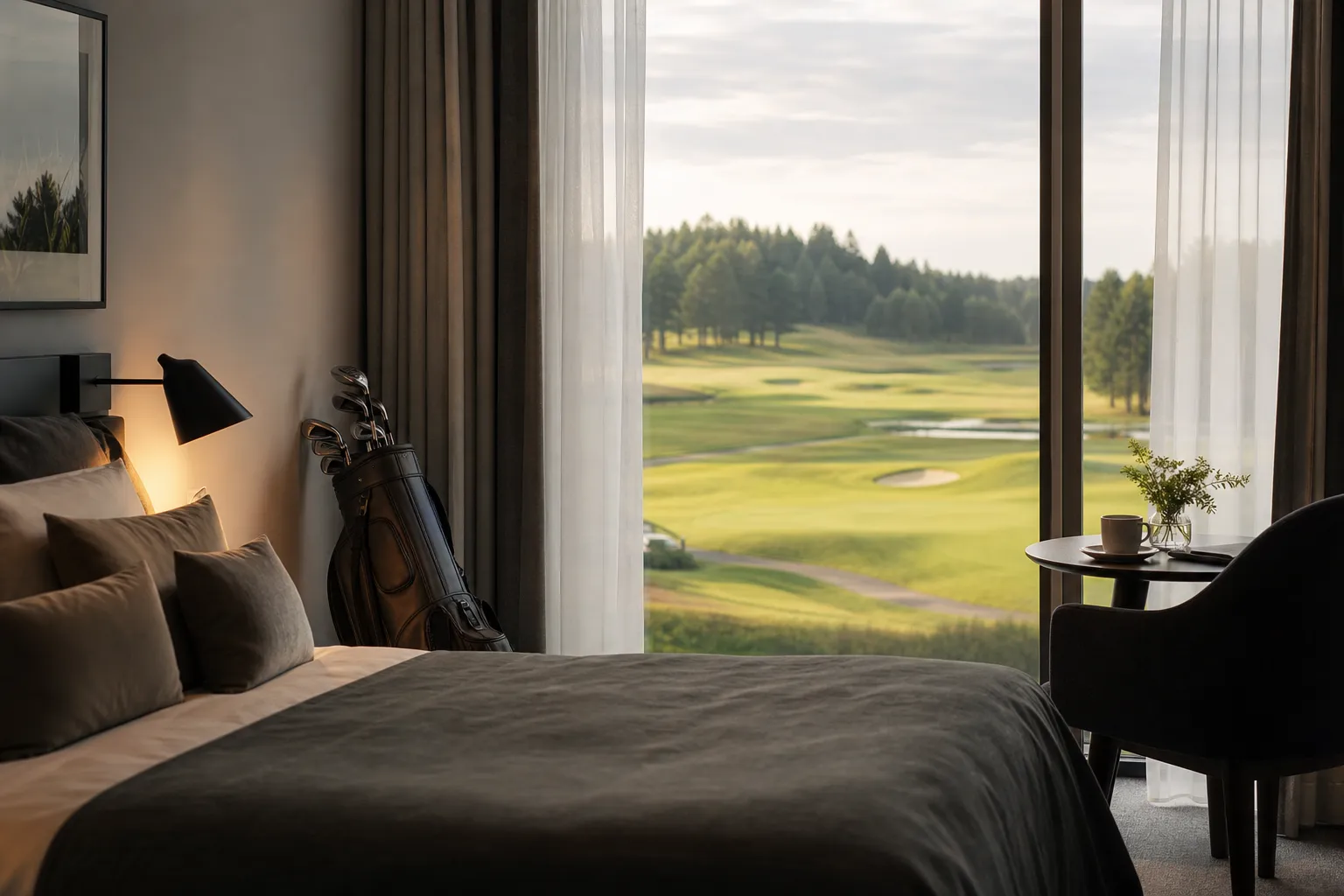 Hotellbyggnad med utsikt över en golfbana i kvällsljus