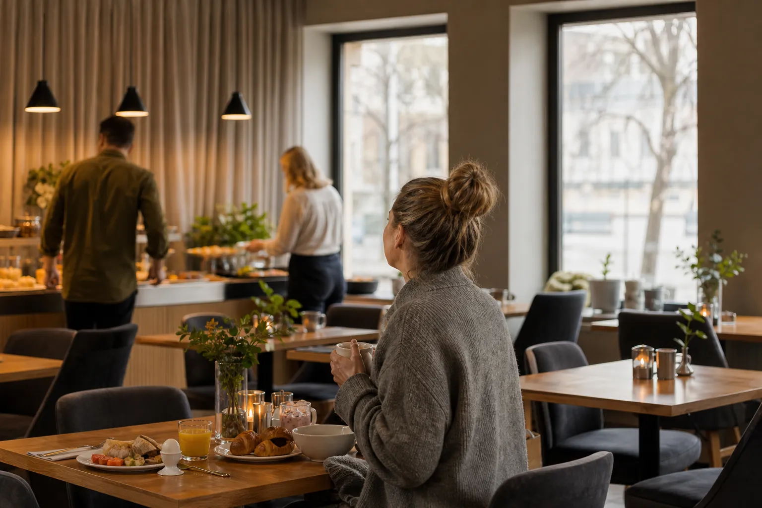 Frukostbord på hotell i Stockholm med utsikt över vattnet