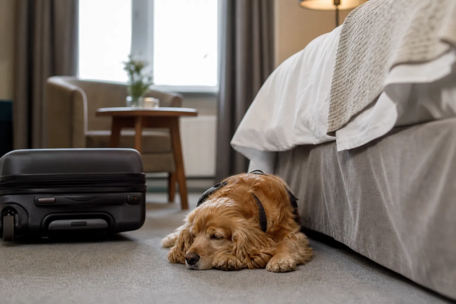 Hund som ligger i en hotellsäng bredvid en resväska