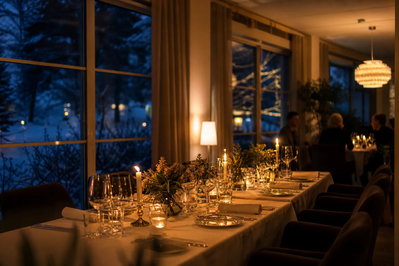 Uppdukat bord med ljus och glas inför en nyårsmiddag på hotell