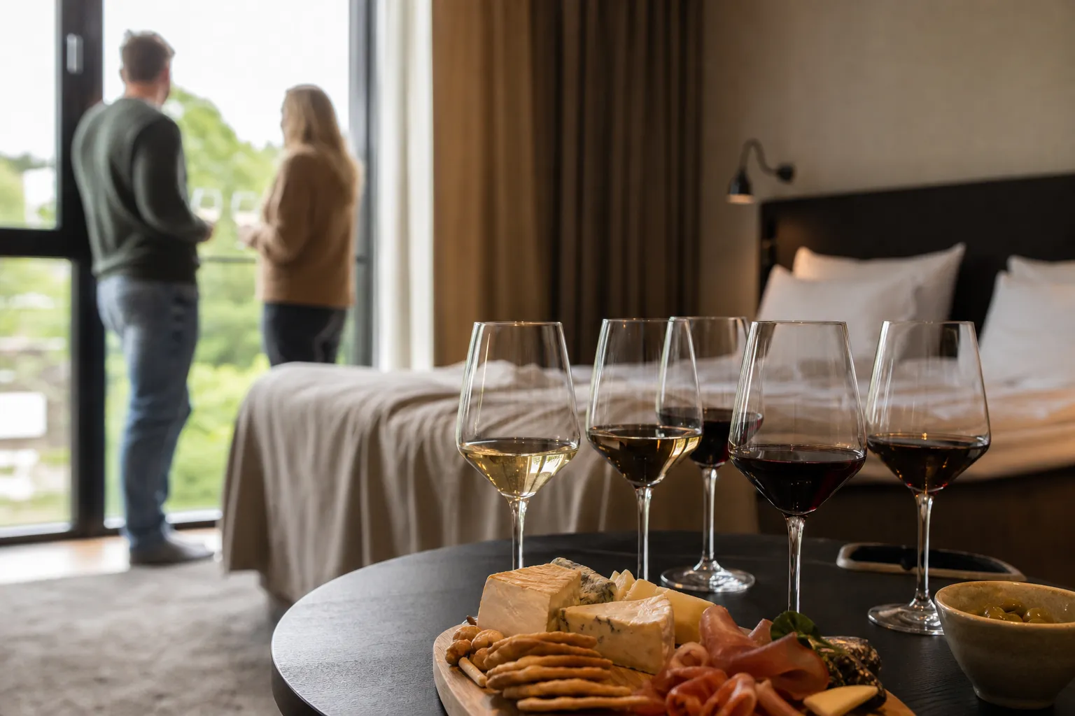 Uppdukade vinglas inför en vinprovning på hotell