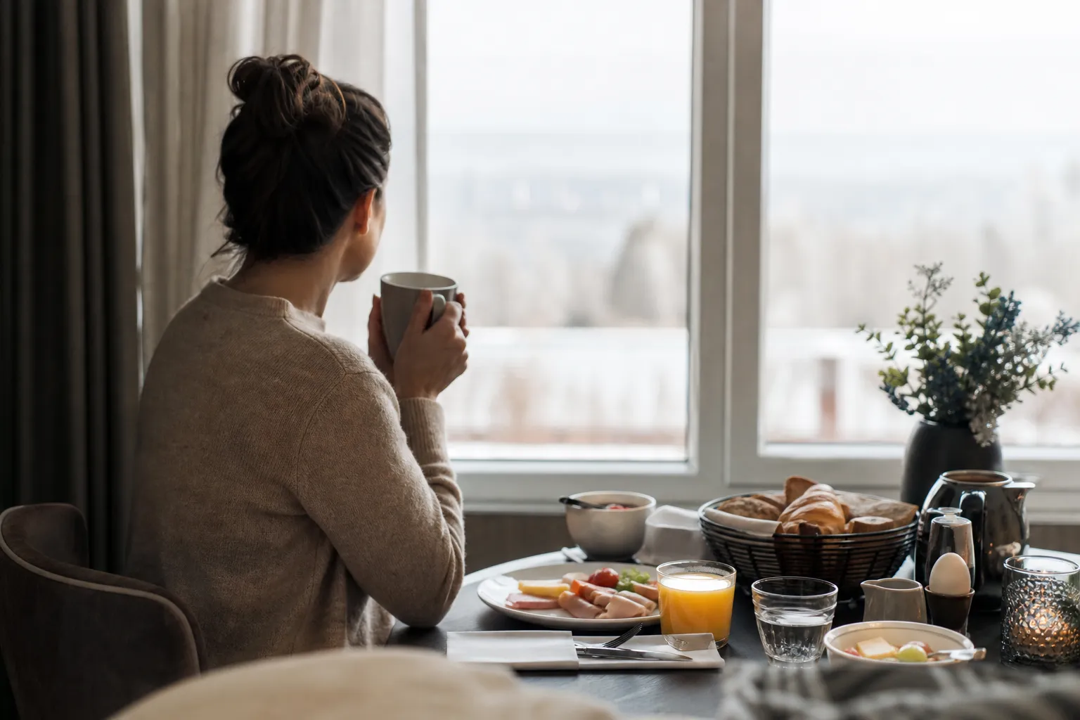 Uppdukat frukostbord på hotell med bakverk, marmelad och kaffe