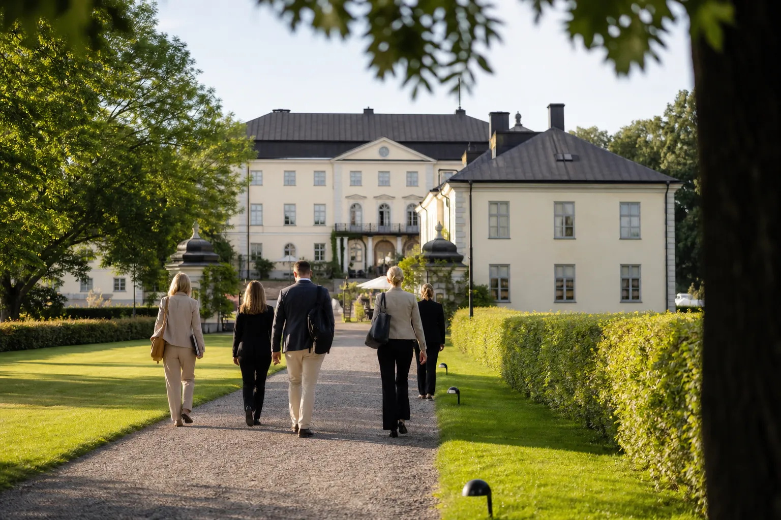Slottsbyggnad med mötessal och park i bakgrunden