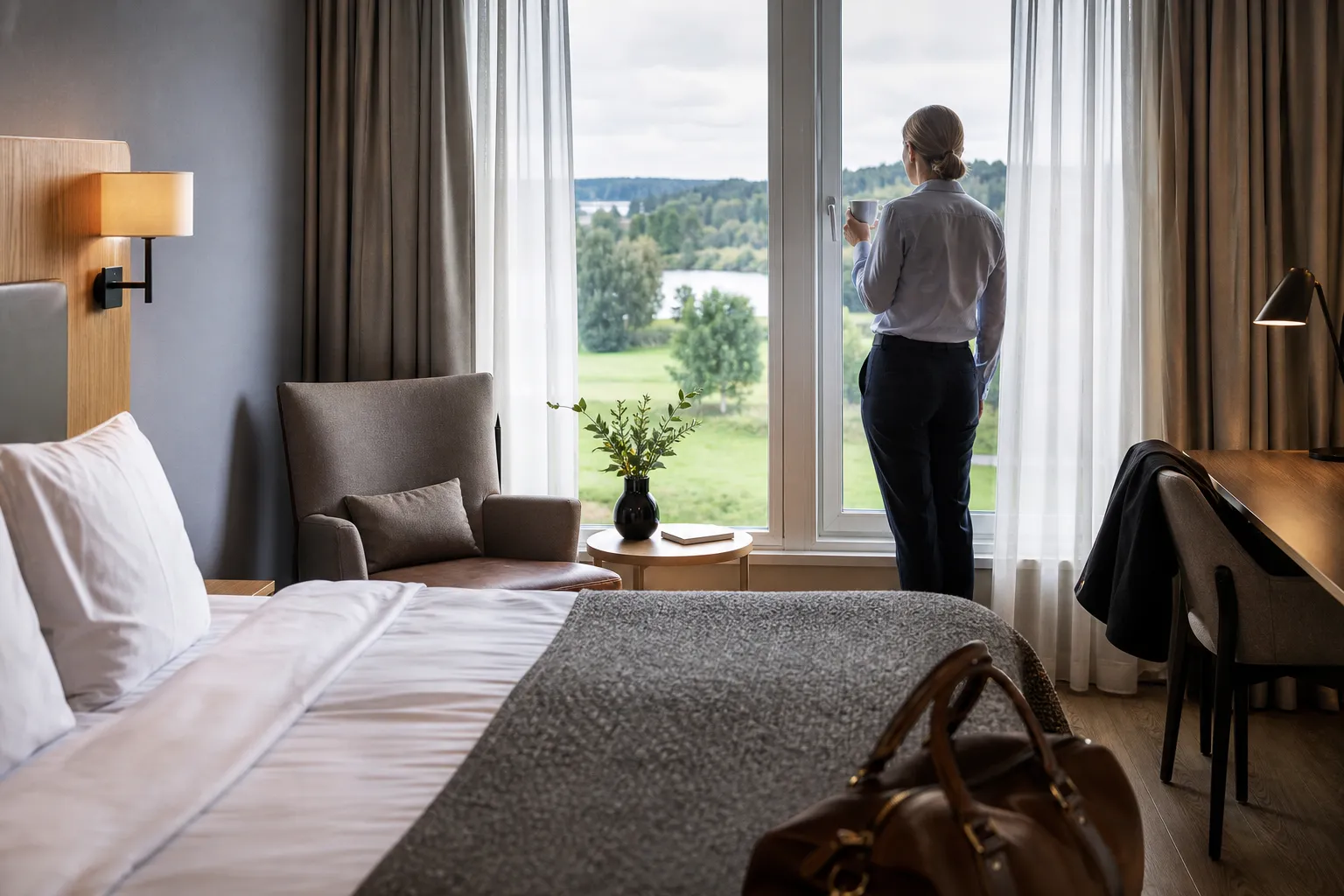 Möteslokal på konferenshotell med bord uppställda för grupp