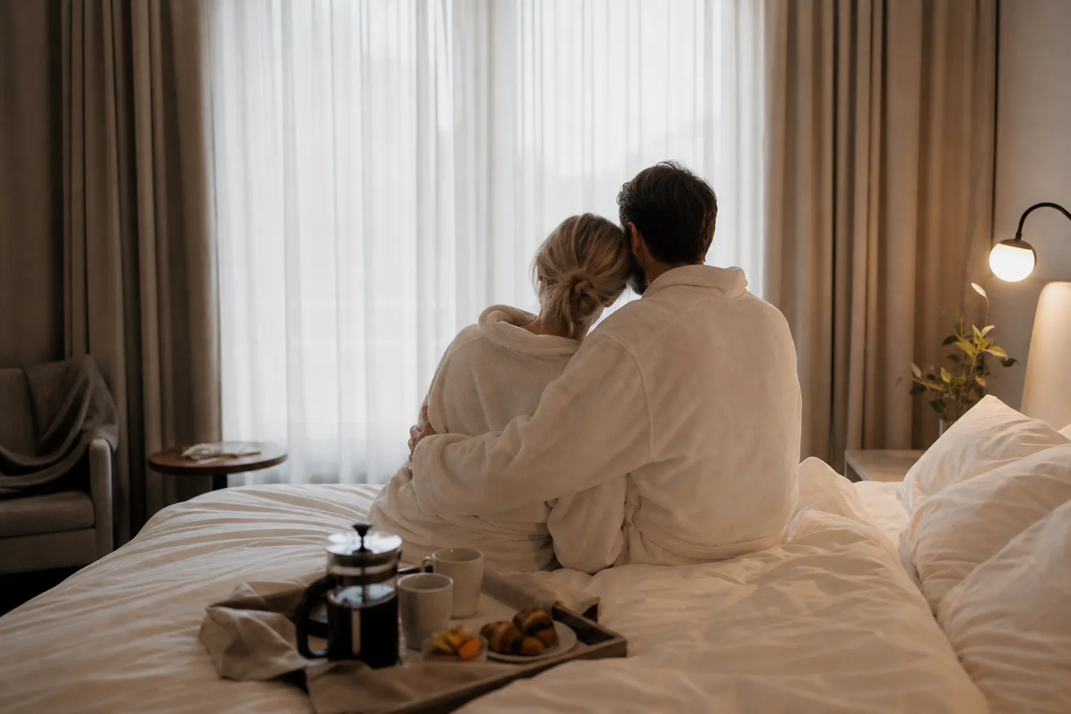 Dukat bord för två med rosor och levande ljus på hotellrum