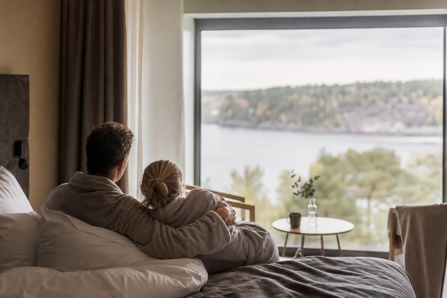 Två personer på hotellterrass med utsikt över parkmiljö