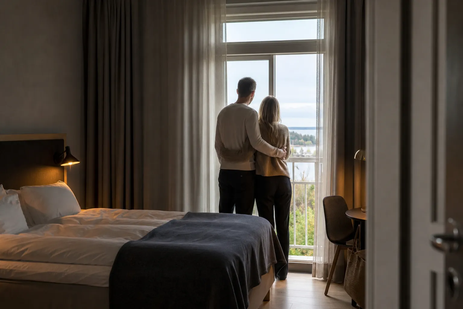 Uppbäddad hotellsäng med levande ljus och ett glas bubbel på nattduksbordet