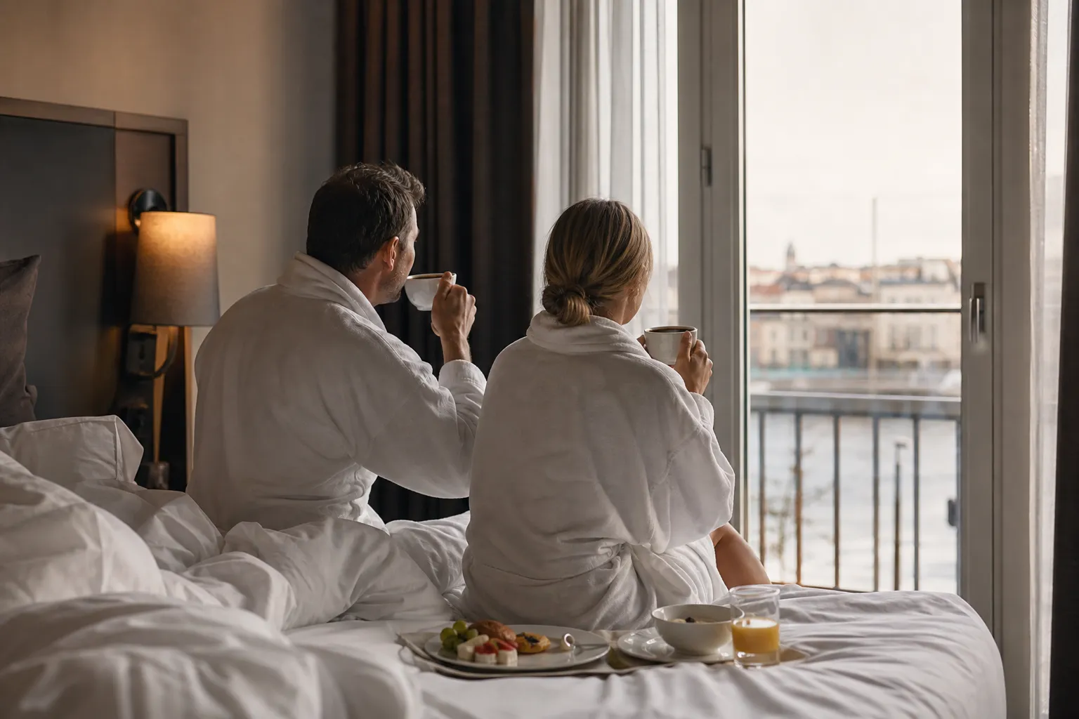 Hotellsvit med champagne på is och utsikt över Stockholm i skymning