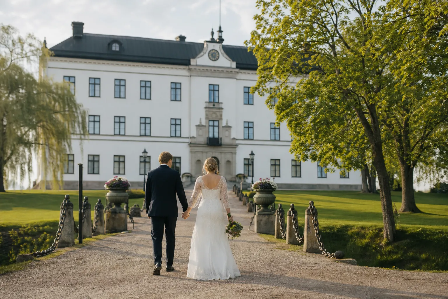 Dukad festsal på slott inför bröllopsmiddag