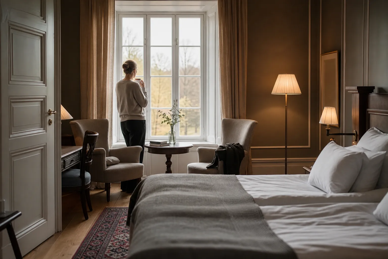 Herrgårdsbyggnad med trädgård och sittgrupp i eftermiddagsljus