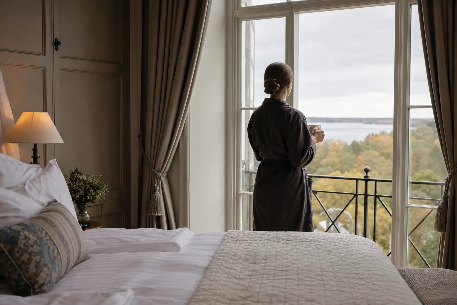 Slottsbyggnad med park och trädgård i kvällsljus