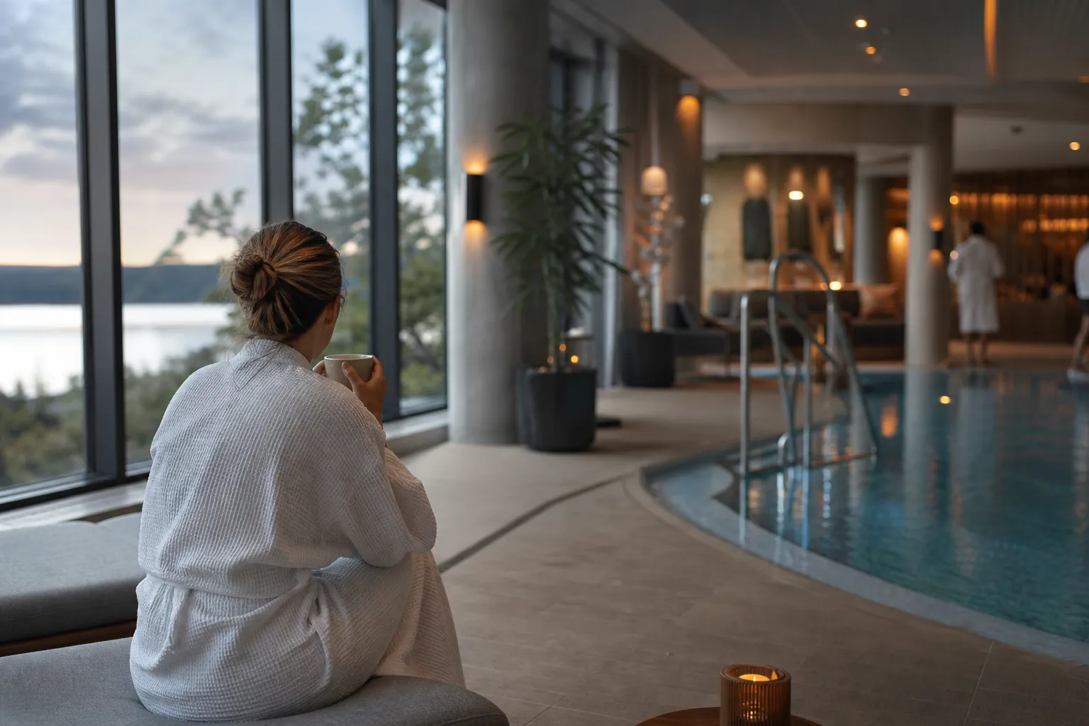 Bassäng i spaavdelning med bubbelpool och bastu i anslutning