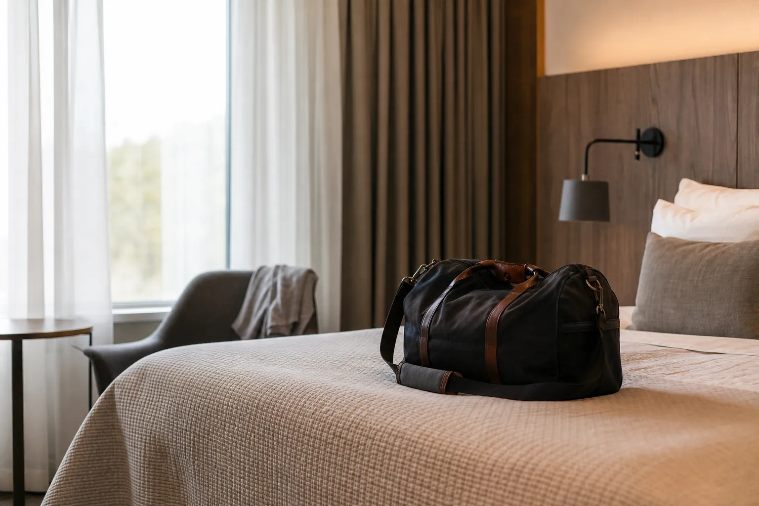 Resenär jämför hotellpriser och bokningsvillkor på en bärbar dator inför en weekendresa