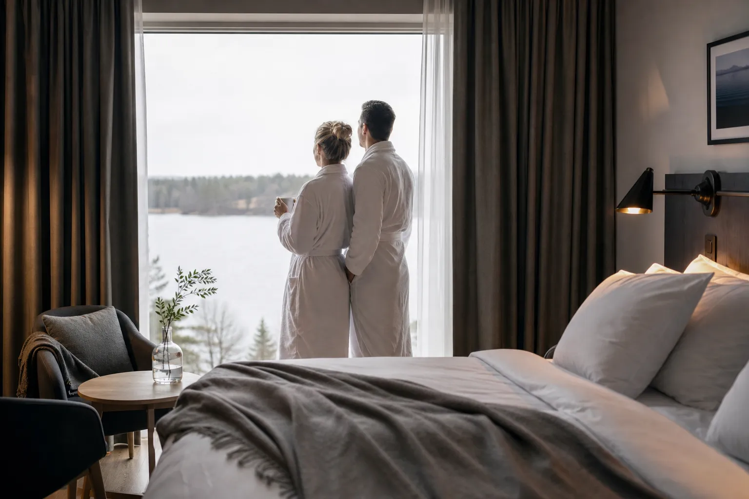 Par på vandring nära ett hotell under en weekend med aktiviteter